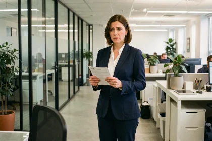Employée tenant un justificatif médical dans un couloir de bureau moderne, illustrant une absence professionnelle avec motif recevable