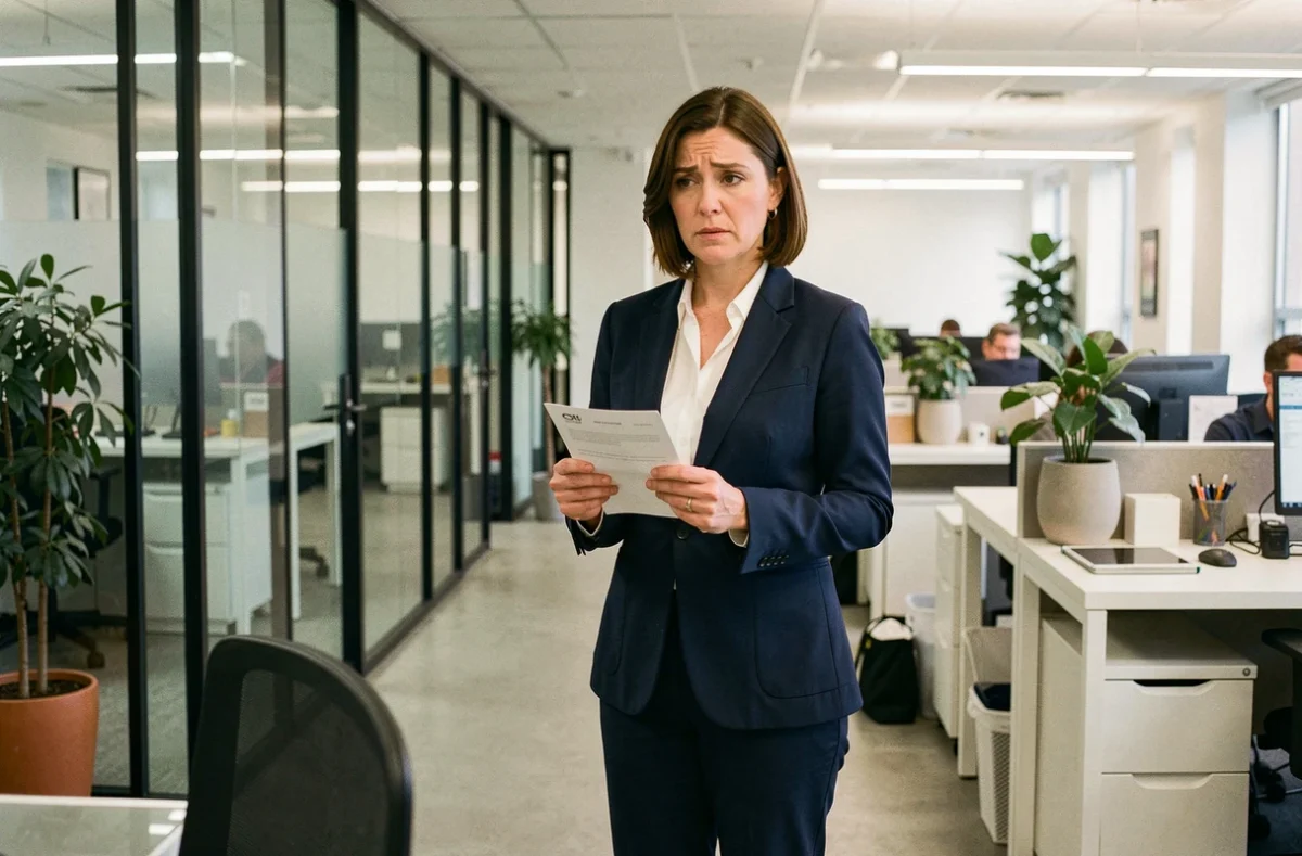 Employée tenant un justificatif médical dans un couloir de bureau moderne, illustrant une absence professionnelle avec motif recevable
