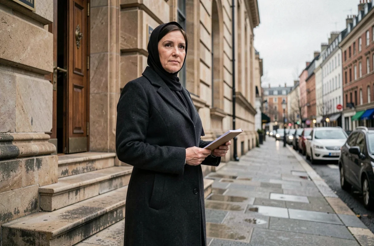 Femme devant un lieu de culte en milieu urbain, illustrant une absence pour motif religieux ou personnel recevable