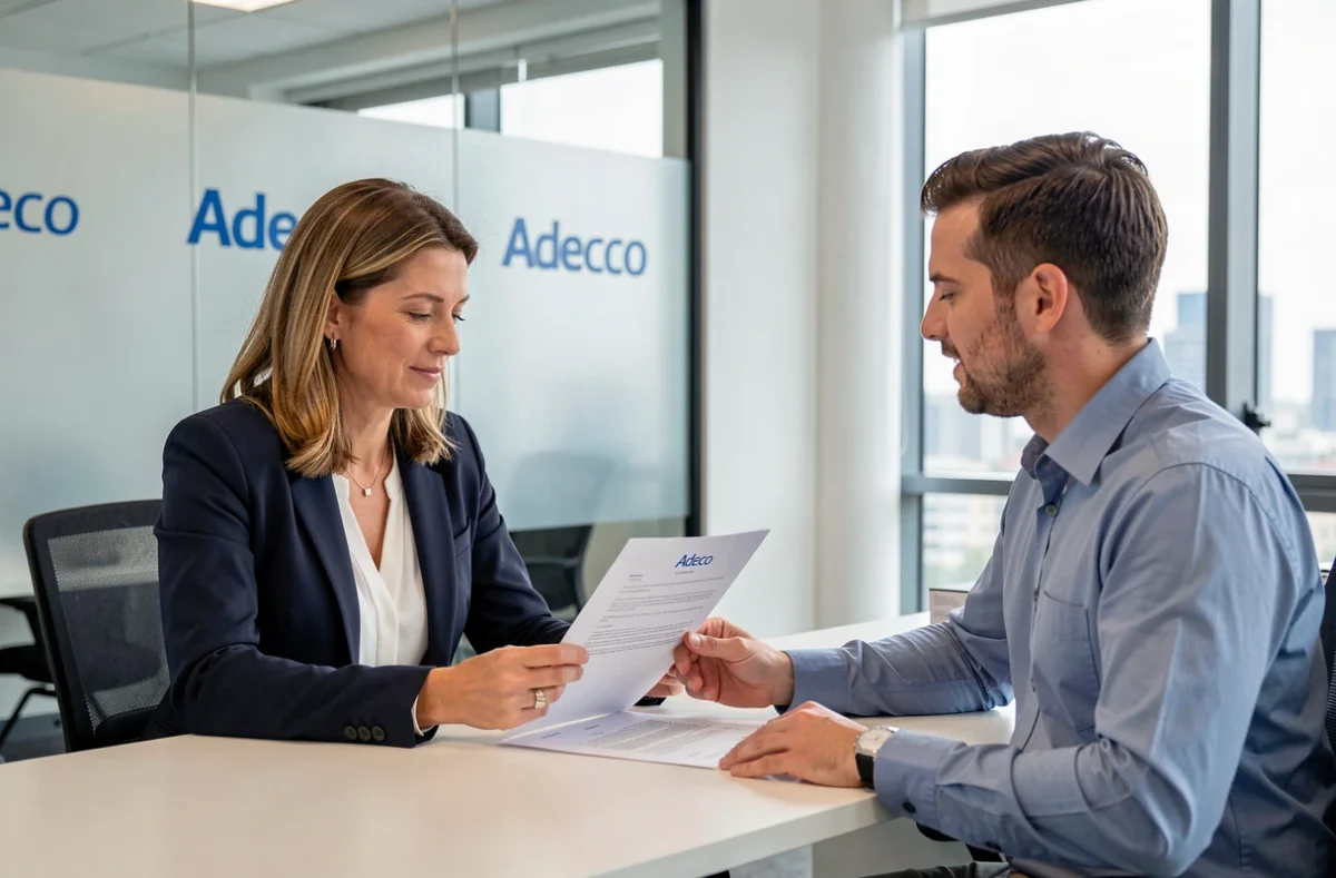 Une recruteuse Adecco en entretien avec un candidat dans une agence généraliste à Lyon