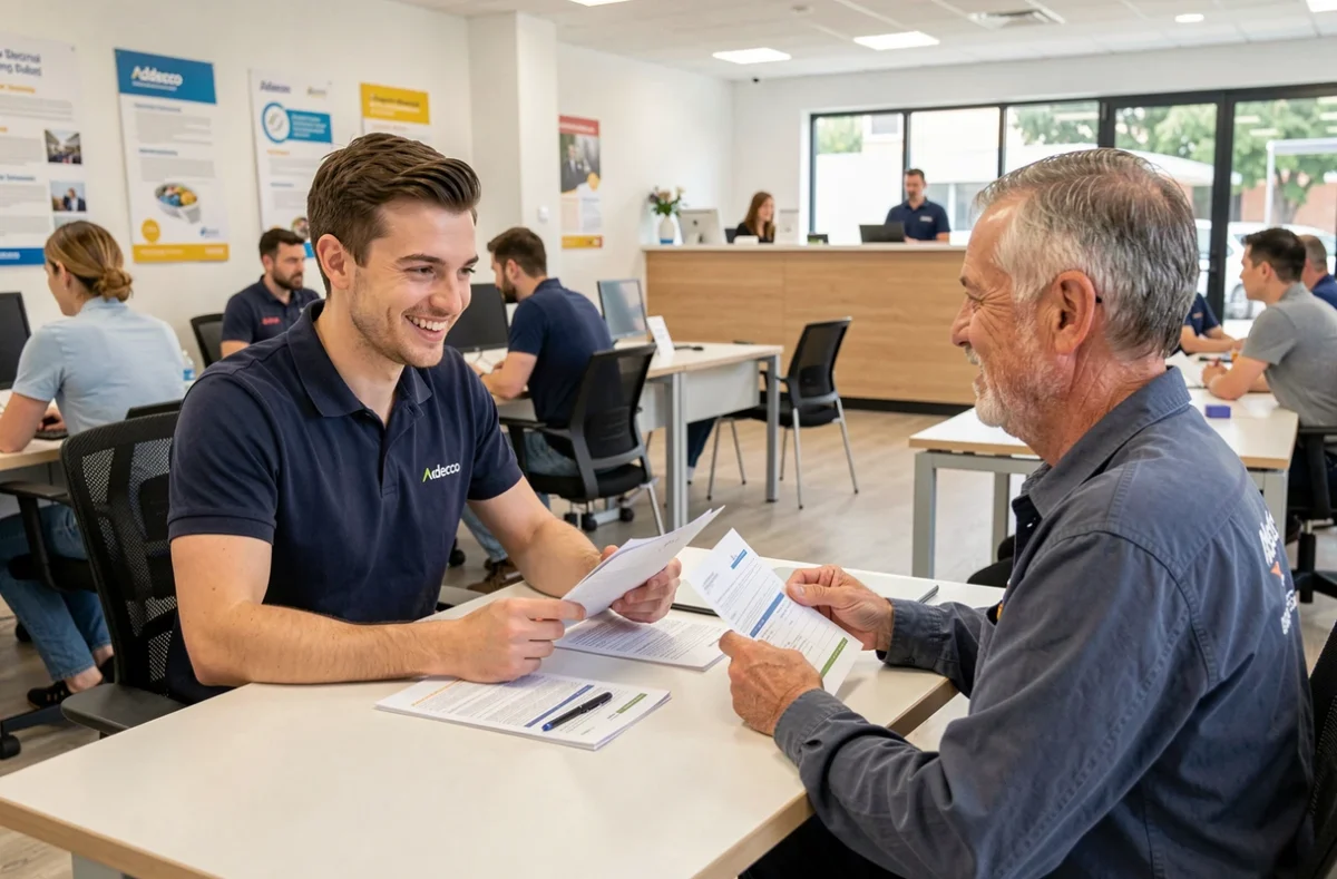 Conseiller Adecco Recrutement Toulon en entretien avec un candidat ouvrier dans une agence animée