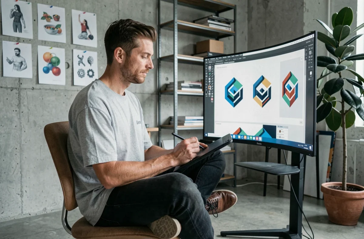 Designer graphique de l'agence ADTG Studio travaillant sur une identité visuelle géométrique dans un studio créatif en béton