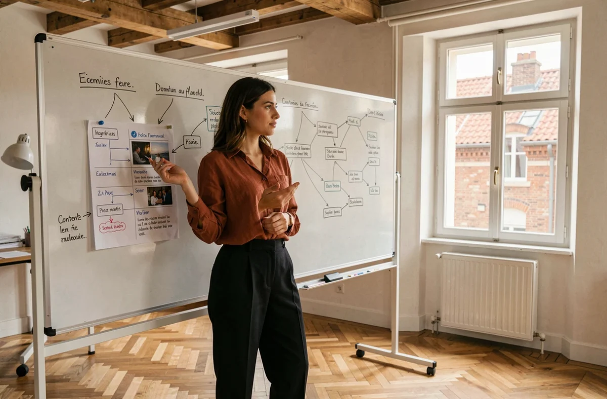 Directrice artistique de l'agence Denkimedia présentant une stratégie de contenu digital devant un tableau blanc dans un studio parisien