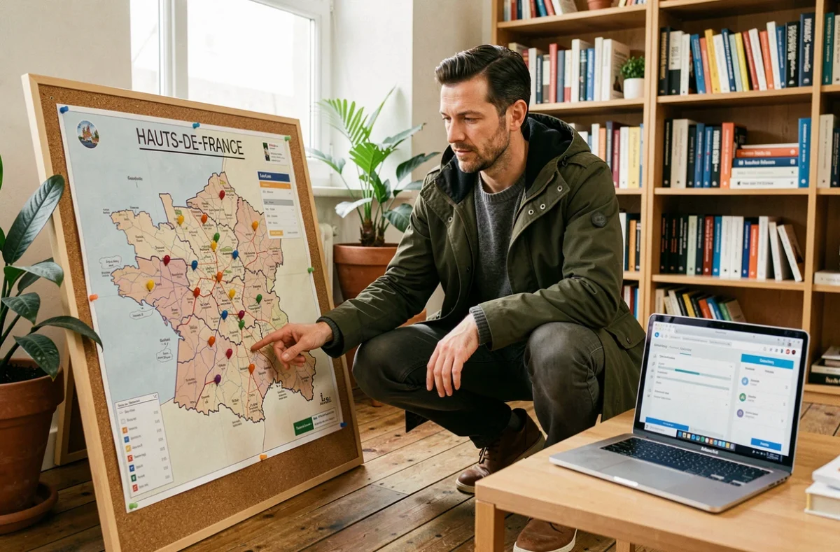 Spécialiste en référencement local de l'agence GEO analysant une carte géographique des Hauts-de-France pour une stratégie de ciblage local