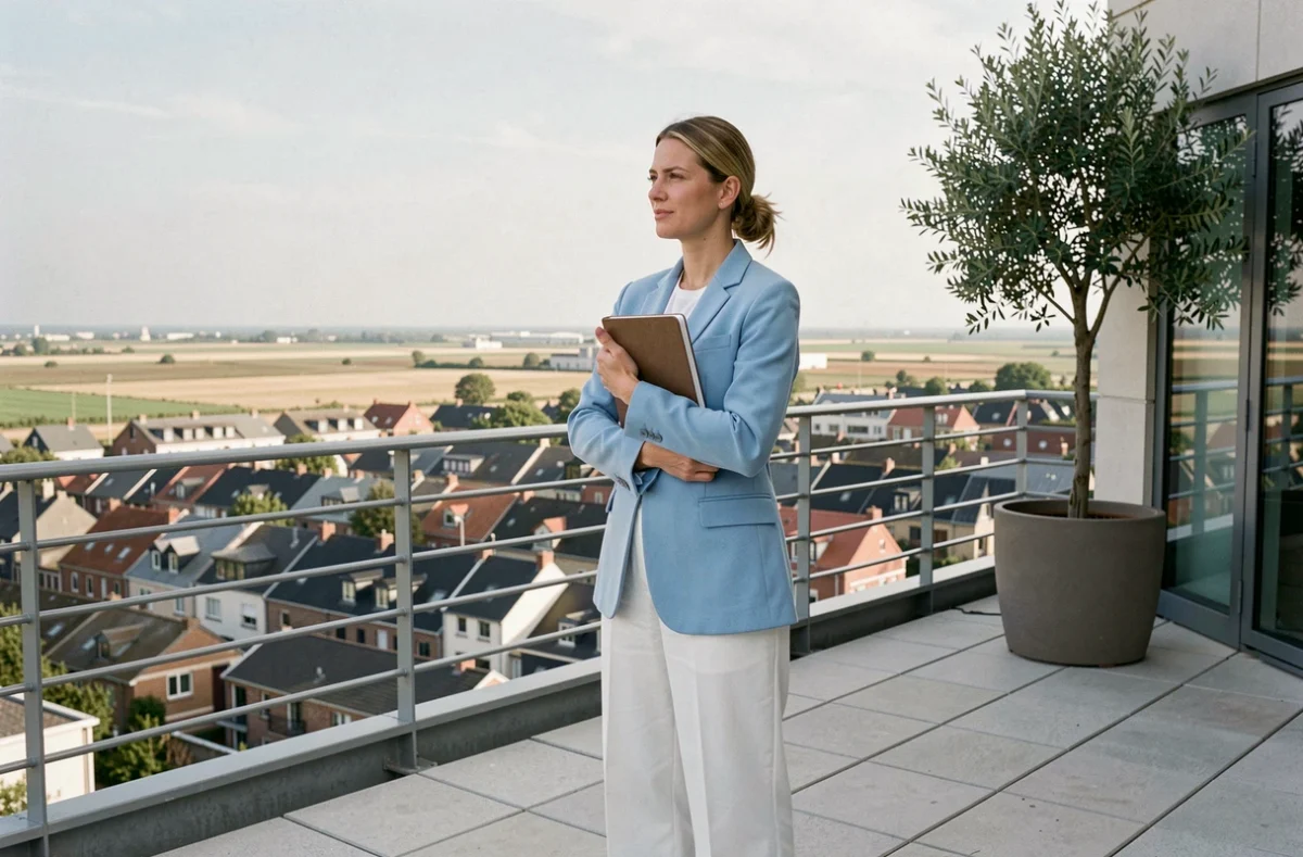 Consultante web de l'agence Horizon contemplant le panorama urbain des Hauts-de-France depuis une terrasse de bureau moderne