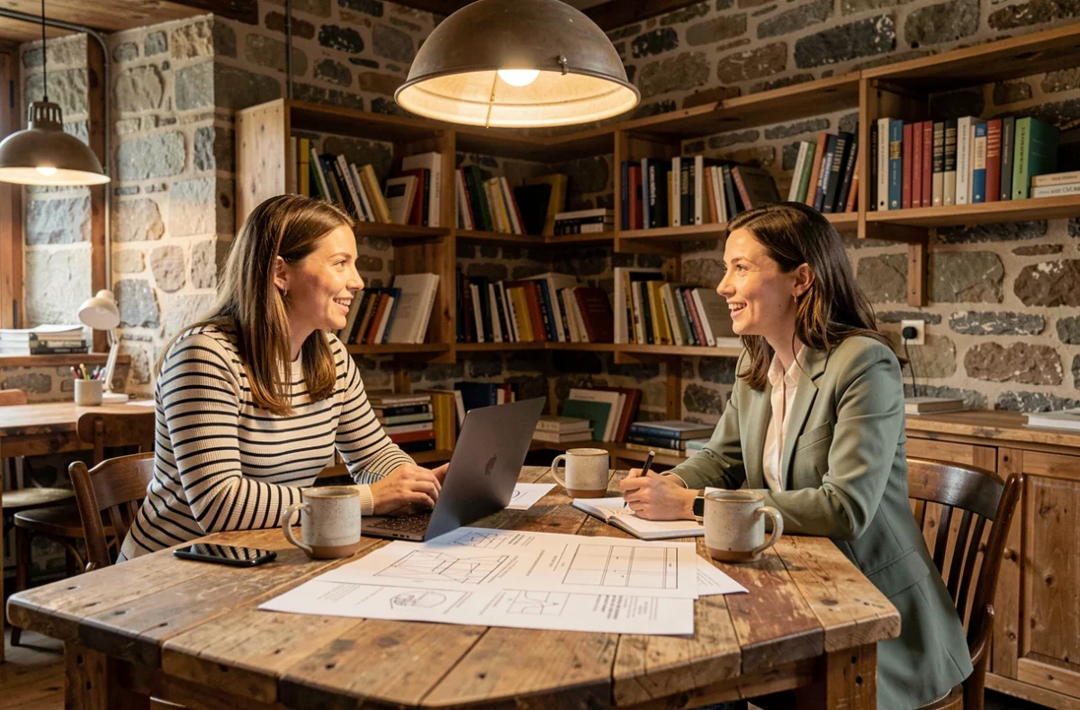 Deux professionnelles du web de l'agence La Quincaillerie discutant de wireframes dans un espace de coworking à l'ambiance atelier