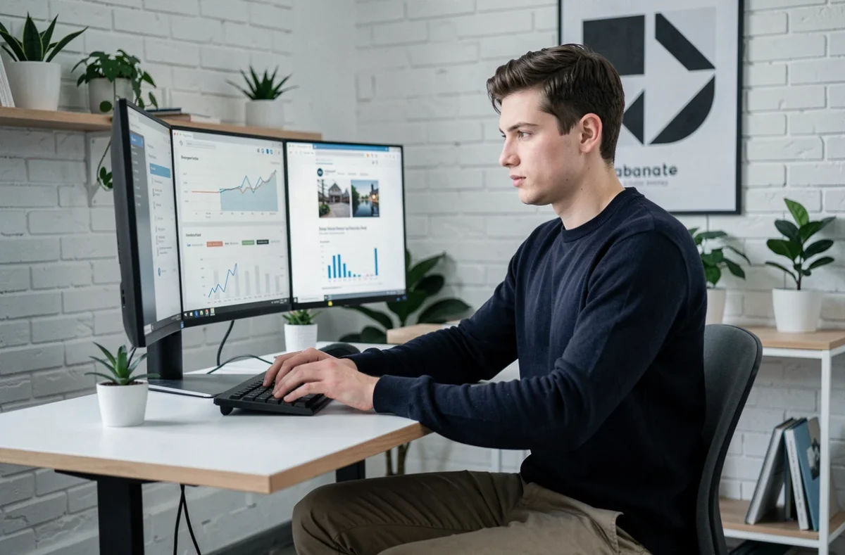 Développeur web de l'agence Noiise travaillant sur des tableaux de bord analytiques dans un studio moderne et minimaliste