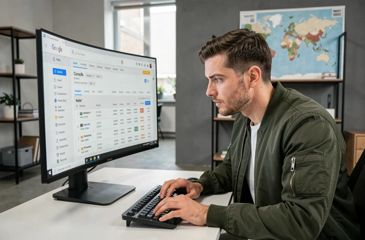 Spécialiste SEO de l'agence SEO Monkey analysant des données de référencement sur un écran ultrawide dans un loft moderne