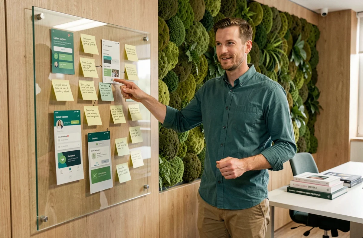 Designer UX de l'agence Wapiti présentant un parcours utilisateur sur un tableau de bord en verre dans un bureau design