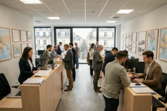 Vue d'ensemble d'une agence d'intérim moderne en Auvergne-Rhône-Alpes avec des candidats et recruteurs en pleine activité