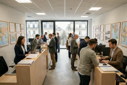 Vue d'ensemble d'une agence d'intérim moderne en Auvergne-Rhône-Alpes avec des candidats et recruteurs en pleine activité