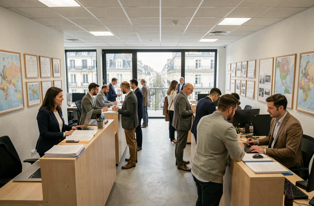 Vue d'ensemble d'une agence d'intérim moderne en Auvergne-Rhône-Alpes avec des candidats et recruteurs en pleine activité