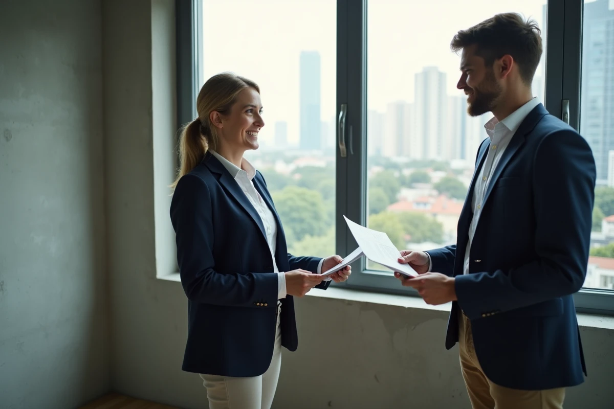 Agent immobilier présentant un appartement à un jeune acheteur lors d'une visite, dans le cadre d'un premier achat immobilier