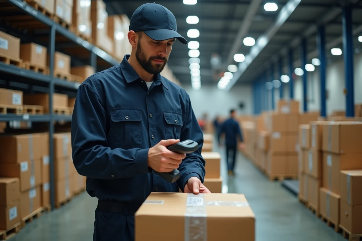 Agent logistique scannant un colis dans un entrepôt de tri de livraisons internationales