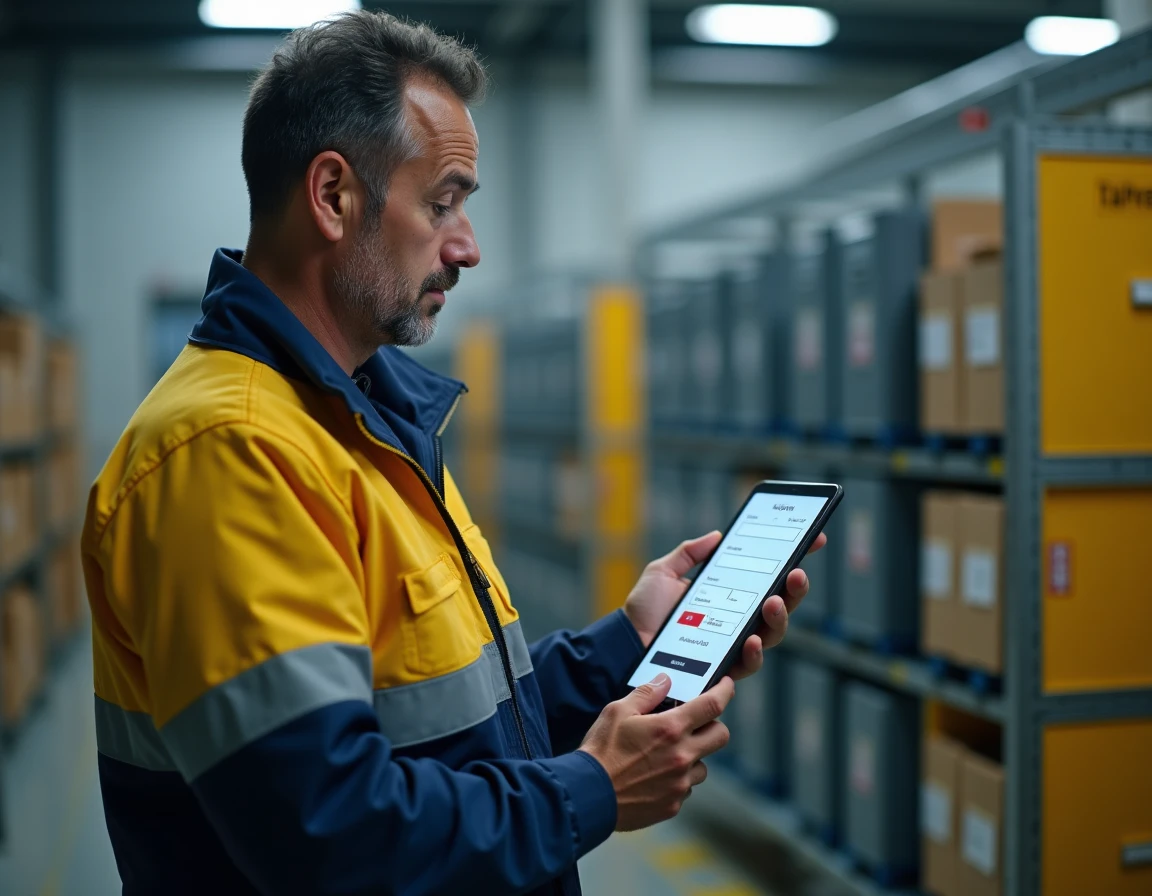Agent postal masculin consultant le portail extranet GTm sur une tablette dans un entrepôt de tri