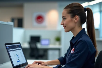 Agente La Poste connectée à l'extranet GTm sur son ordinateur portable dans un bureau administratif
