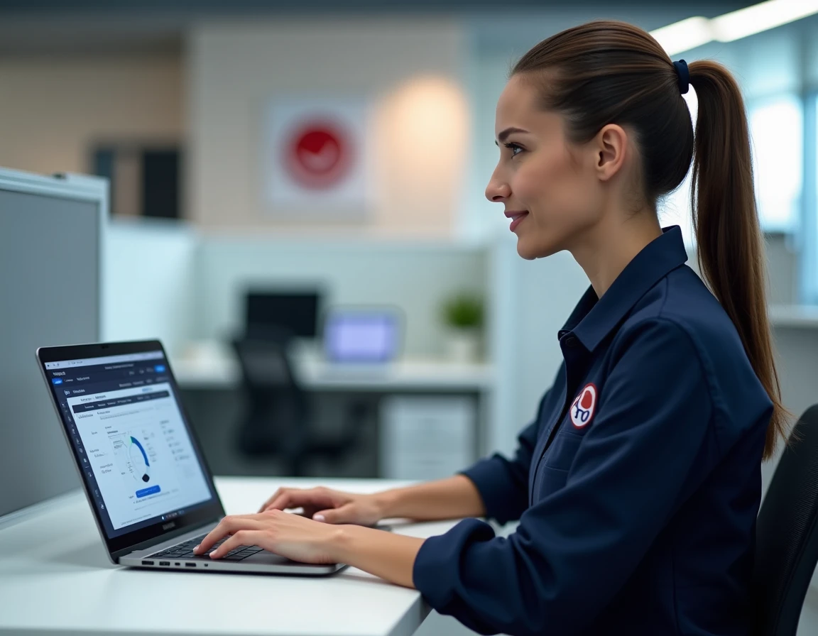 Agente La Poste connectée à l'extranet GTm sur son ordinateur portable dans un bureau administratif