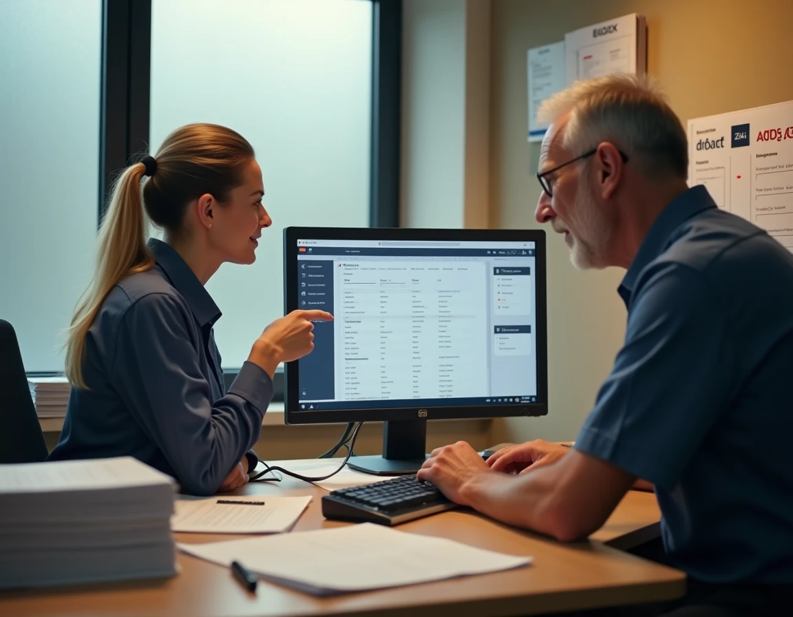 Deux agents La Poste consultant ensemble le mode d'emploi de l'extranet GTm sur un ordinateur de bureau
