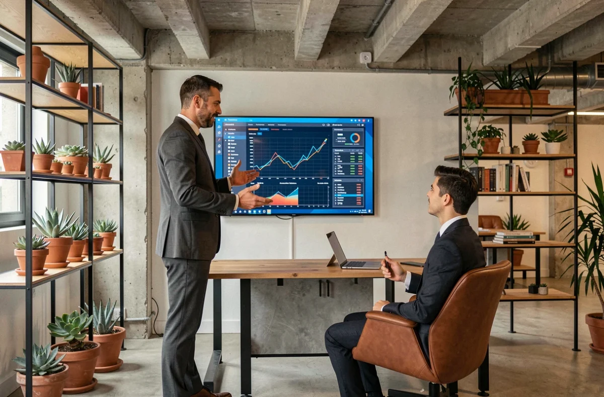 Expert-comptable d'Agileva Évreux présentant des projections financières à un jeune entrepreneur dans un bureau moderne