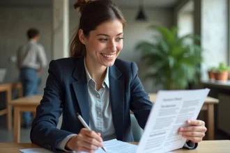 Entrepreneuse française consultant des documents sur les aides régionales pour la création d'entreprise en 2026