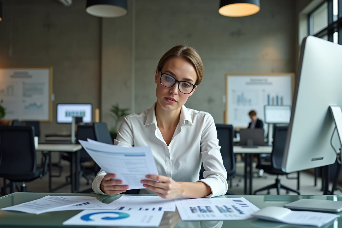 Femme analyste examinant des contrats d'acquisition et des rapports financiers dans un bureau moderne