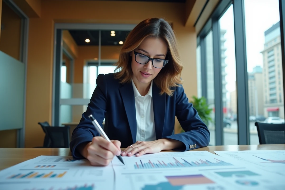 Professionnelle analysant des indicateurs économiques territoriaux sur des documents imprimés dans un bureau moderne