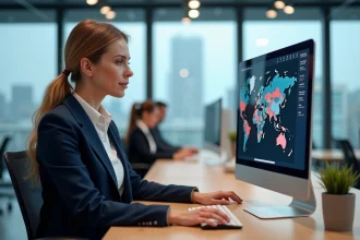 Professionnelle analysant des indicateurs économiques territoriaux sur un écran d'ordinateur dans un bureau moderne