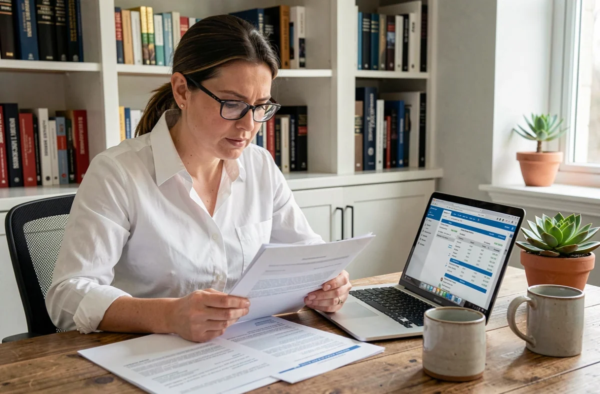 Une professionnelle analysant des informations juridiques et financières d'une entreprise partenaire pour sécuriser un accord commercial