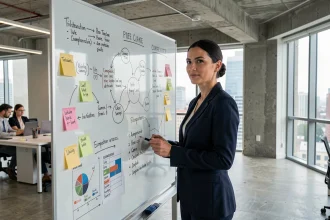 Femme cadre analysant un tableau stratégique avec des diagrammes d'environnement micro-économique dans un bureau moderne