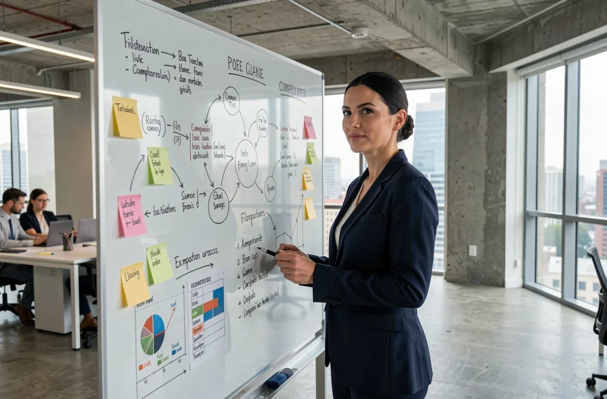 Femme cadre analysant un tableau stratégique avec des diagrammes d'environnement micro-économique dans un bureau moderne
