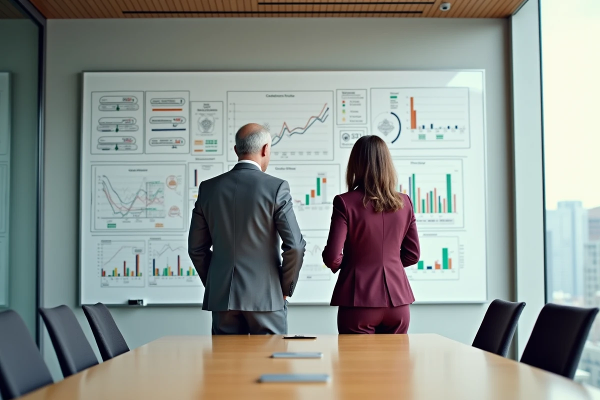 Deux dirigeants analysant des structures d'entreprise sur un tableau blanc en salle de conférence