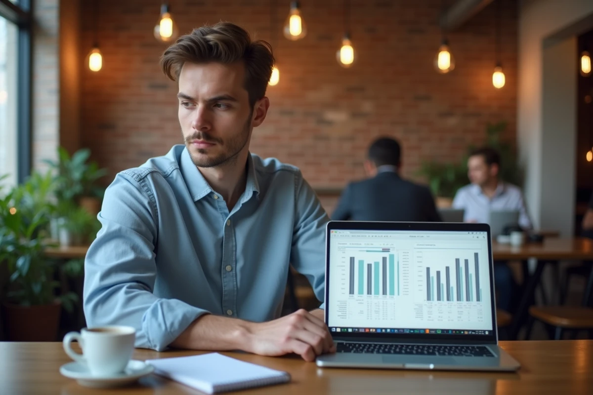 Jeune analyste comparant les caractéristiques financières de deux entreprises sur un ordinateur portable dans un espace de coworking