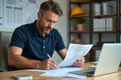 Artisan BTP assis à son bureau révisant attentivement un devis de chantier imprimé avec un stylo, ordinateur portable et casque de chantier visibles en arrière-plan