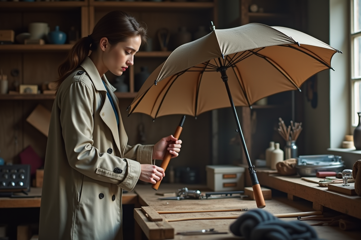 Jeune femme inspectant un parapluie dans un atelier artisanal