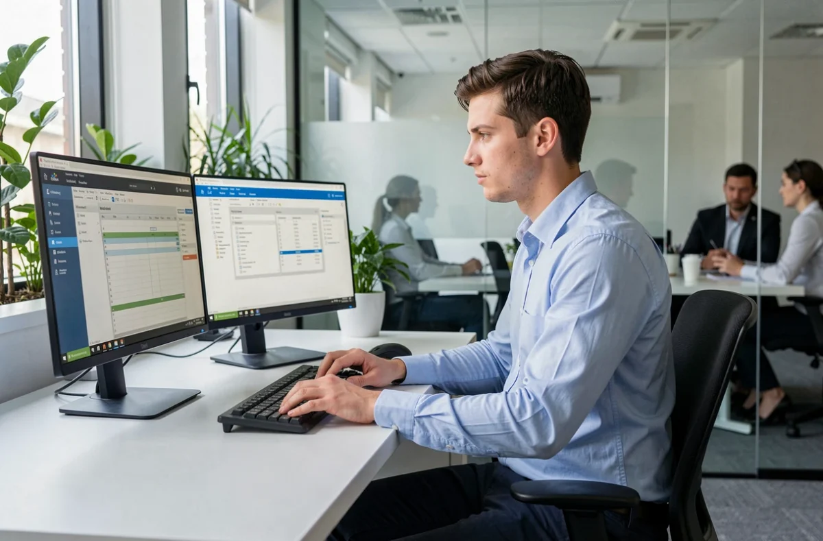 Jeune comptable d'Aupleco Orléans travaillant sur un logiciel de comptabilité dans un bureau moderne