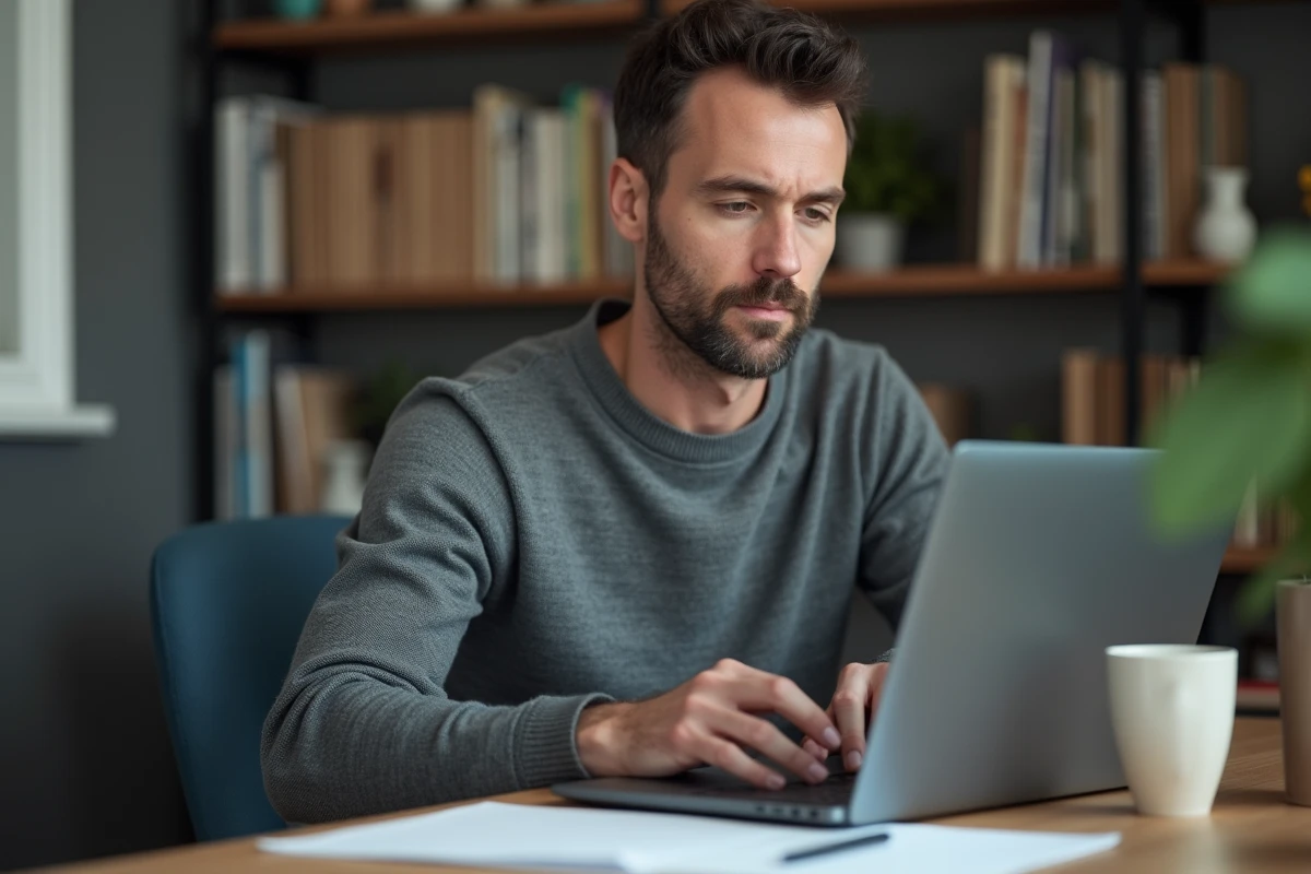 Homme rédigeant un avis client détaillé sur un ordinateur portable dans un bureau à domicile