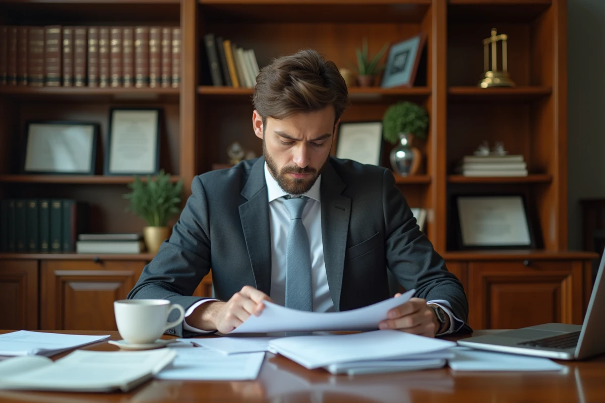 Jeune avocat d'affaires concentré révisant des documents juridiques à son bureau dans un cabinet parisien