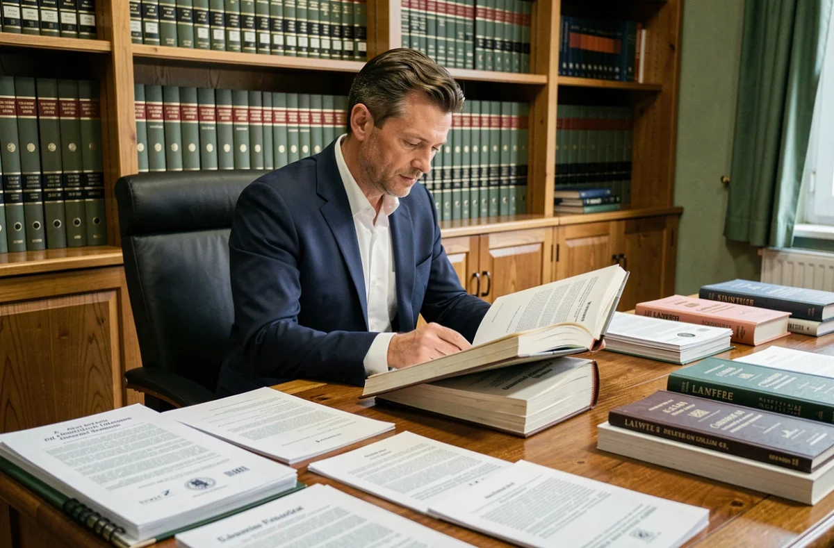 Avocat en droit du travail examinant des documents juridiques relatifs au code du travail article 1235-3 dans son cabinet
