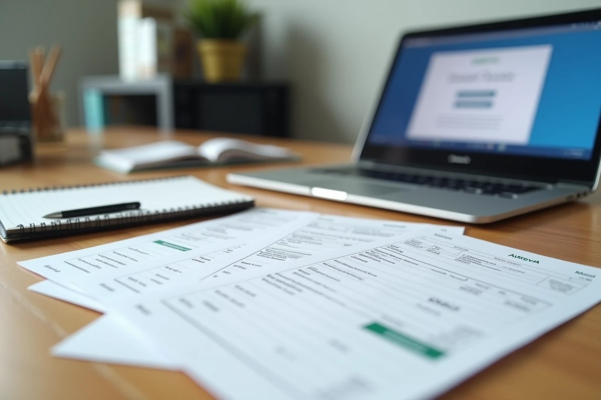 Bureau avec bulletins de paie imprimés, ordinateur portable affichant un portail de gestion documentaire et notes manuscrites sur un changement d'employeur