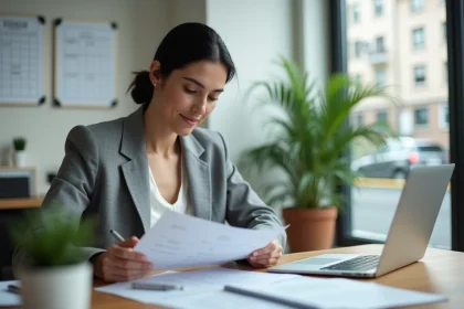 Femme cadre calculant son congé trimestriel sur des documents imprimés dans un bureau professionnel moderne