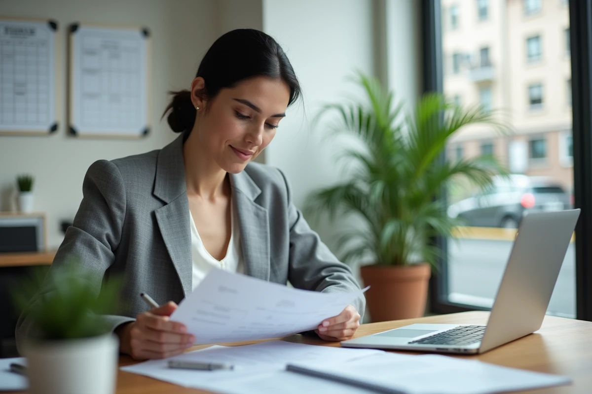 Femme cadre calculant son congé trimestriel sur des documents imprimés dans un bureau professionnel moderne
