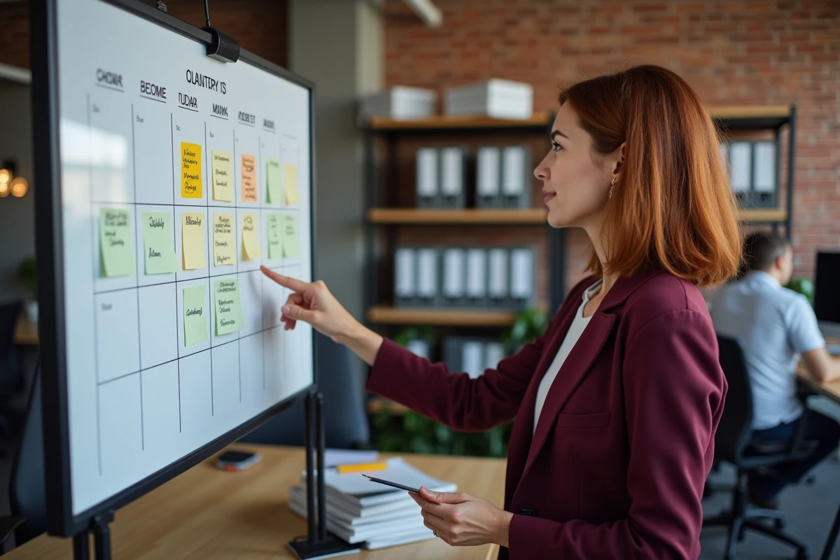 Responsable RH expliquant le calcul du congé trimestriel devant un calendrier mural dans un espace de coworking