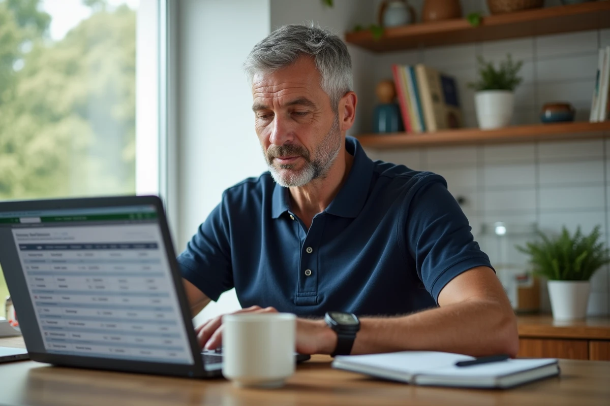 Homme en télétravail consultant un tableau de calcul de congé trimestriel sur son ordinateur portable à domicile