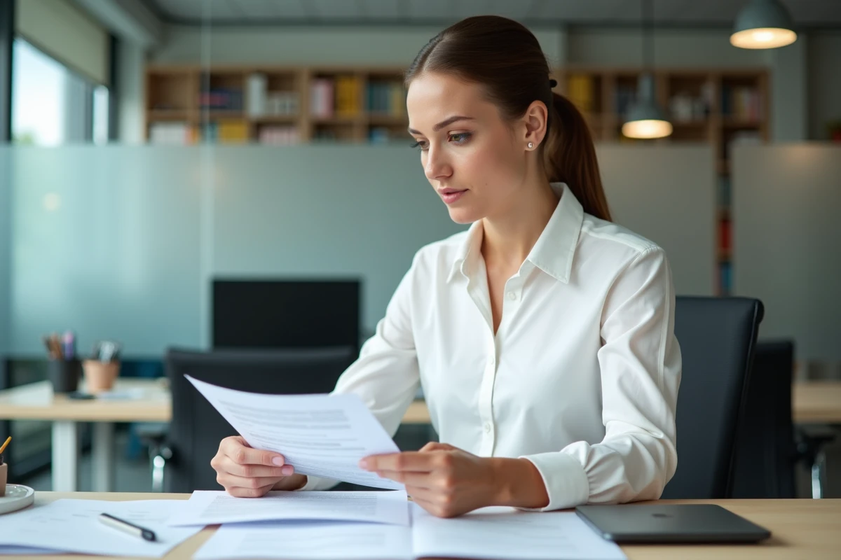 Femme en bureau examinant un contrat à durée déterminée et calculant ses droits à l'indemnité de fin de contrat