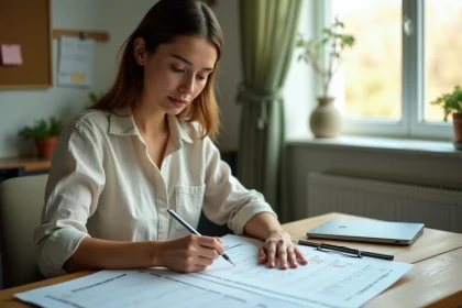 Femme consultant un calendrier et un contrat saisonnier &agrave; son bureau pour calculer ses jours travaill&eacute;s en 2026