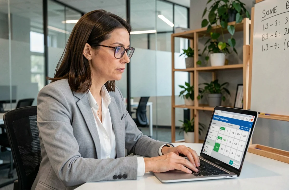 Femme entrepreneur utilisant une calculette en ligne pour estimer les frais de cession de fonds de commerce