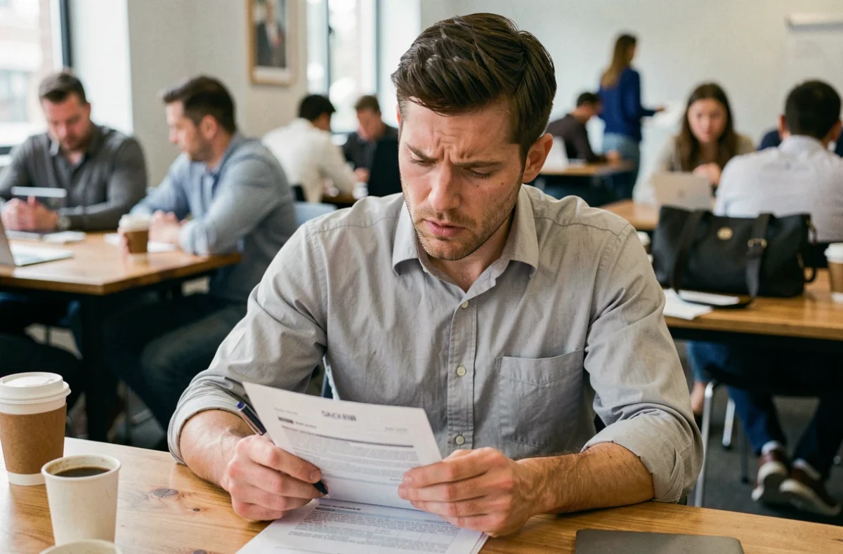 Homme d'une trentaine d'années relisant attentivement un formulaire de candidature dans un espace de coworking, stylo en main