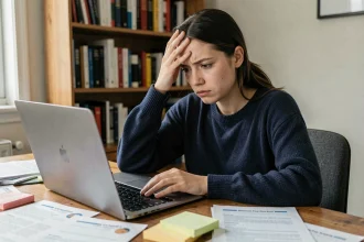 Jeune femme frustrée devant son ordinateur portable en train de chercher des offres d'emploi sur un site de recrutement en ligne