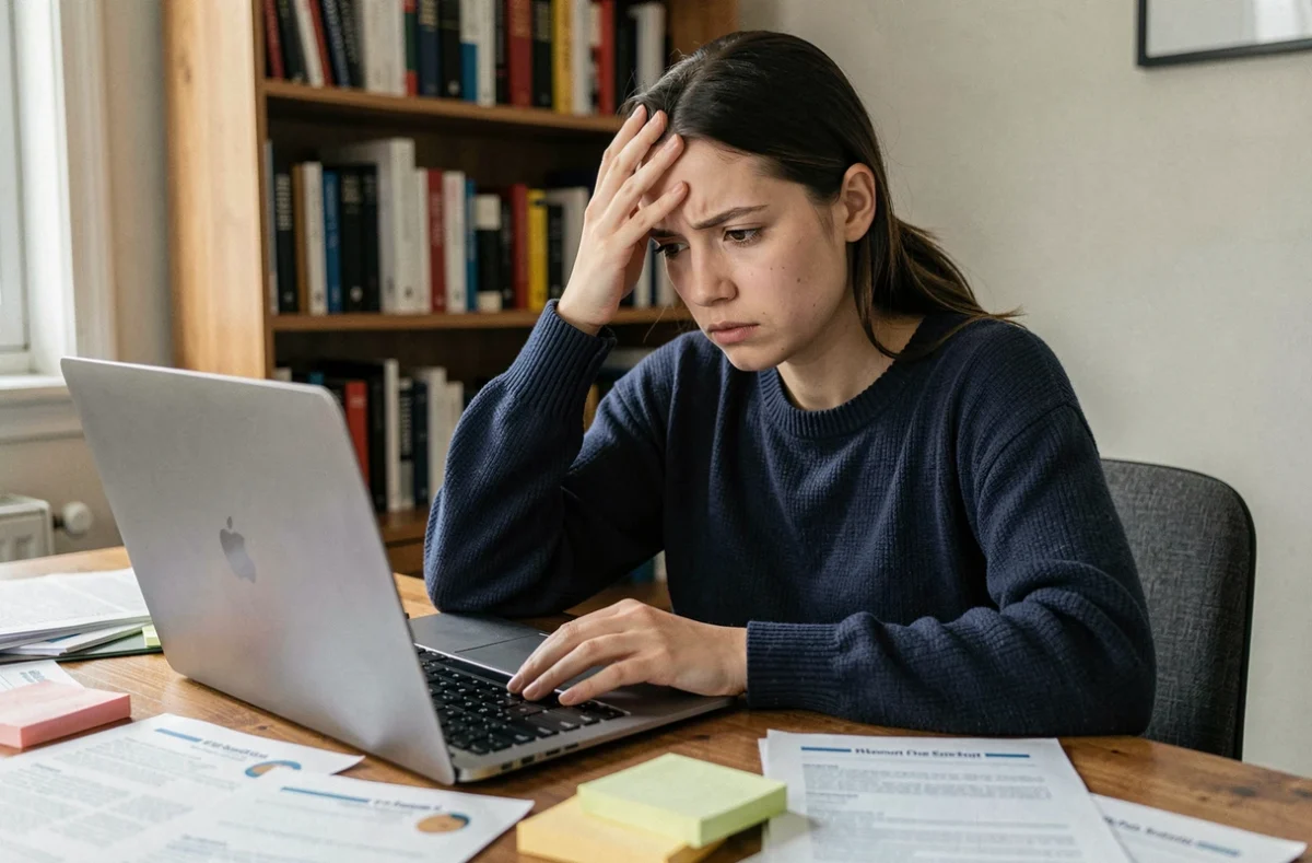 Jeune femme frustrée devant son ordinateur portable en train de chercher des offres d'emploi sur un site de recrutement en ligne