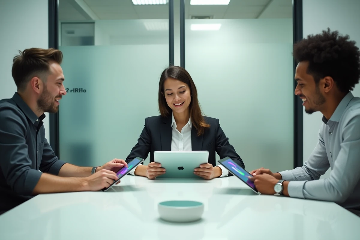 Groupe de candidats réalisant un test de recrutement gamifié sur tablette en salle de réunion RH